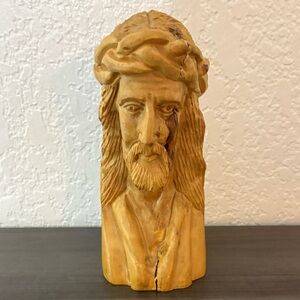 Vintage Hand Carved Olive Wood Bust Jesus Christ